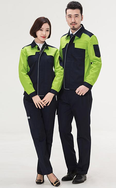 时尚工作服定做,果绿色搭配藏青色款式图二