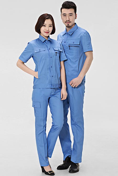 天蓝色短袖夹克工衣订做款式模板图