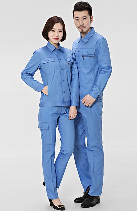 天蓝色长袖工作服套装定做款式图