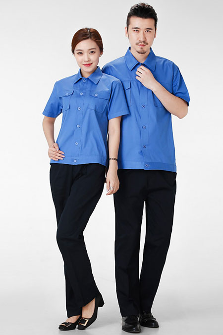 蓝色夹克短袖工衣厂服订做款式图