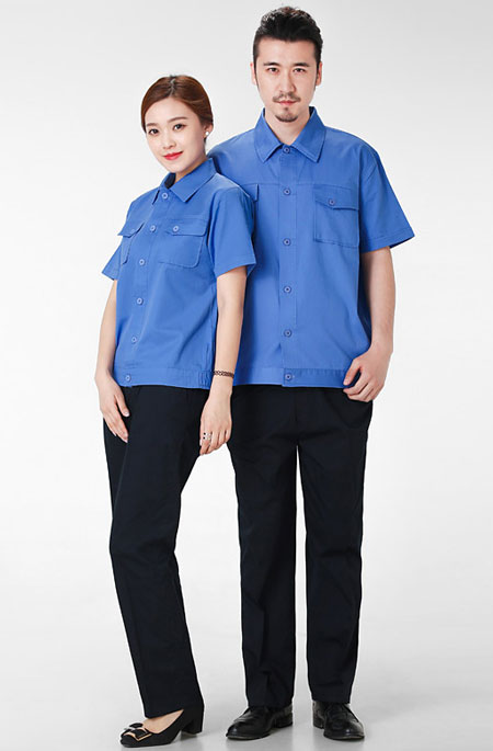蓝色夹克短袖工衣厂服订做款式模板图二