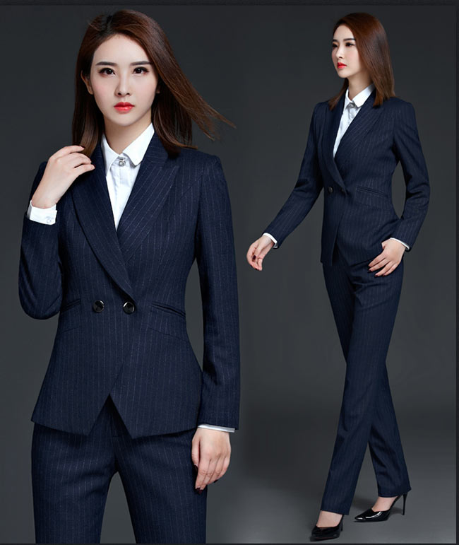 蓝色条纹女职业套装定做款式图