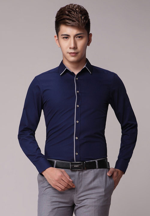深蓝色嵌边款定制工作服衬衫款式图