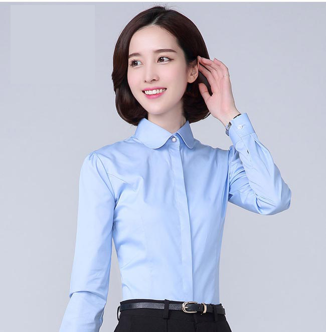 娃娃领长袖女衬衫订做浅蓝色款式图