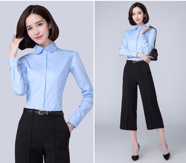 娃娃领长袖女衬衫订做浅蓝色款式图二