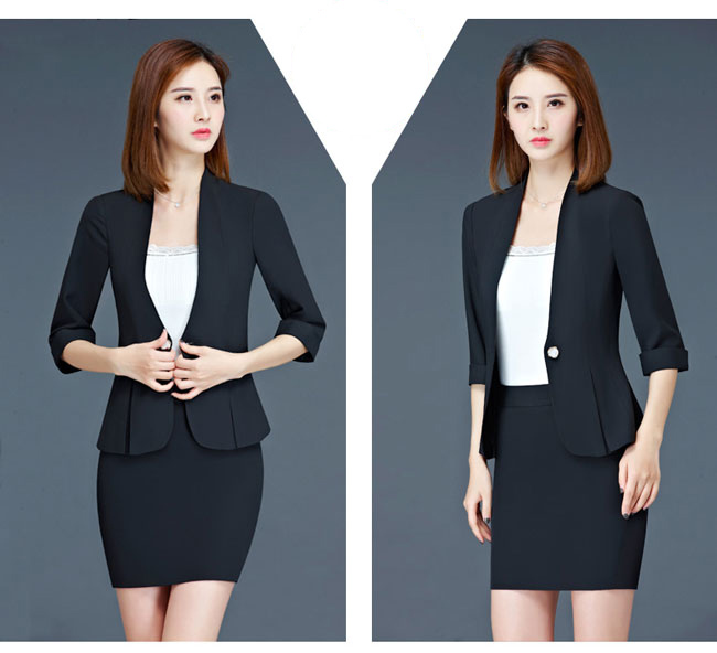 黑色女营业员工作服套裙装款式模特展示图二