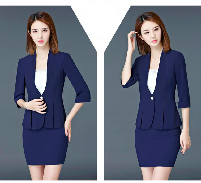 蓝色营业员工作服套裙款式模特展示图二