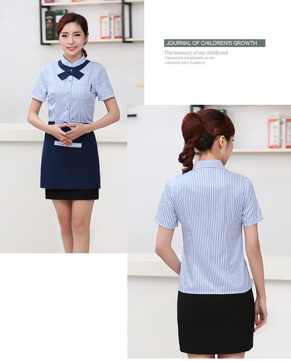 蓝色餐厅服务员工作服定制款式展示图