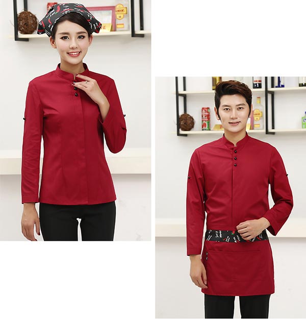 红色餐饮服务员工作服套装定制款式展示图