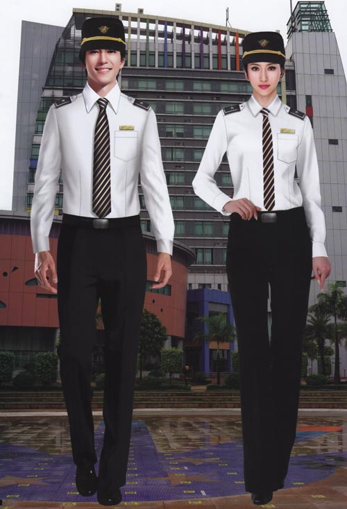 白色春秋长袖保安服定做款式图