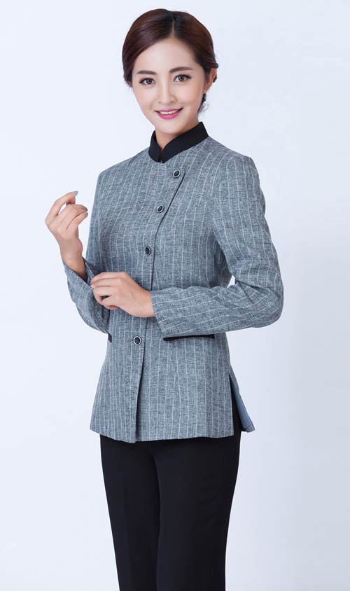 灰色条纹女保洁工作服定做长袖款式展示图