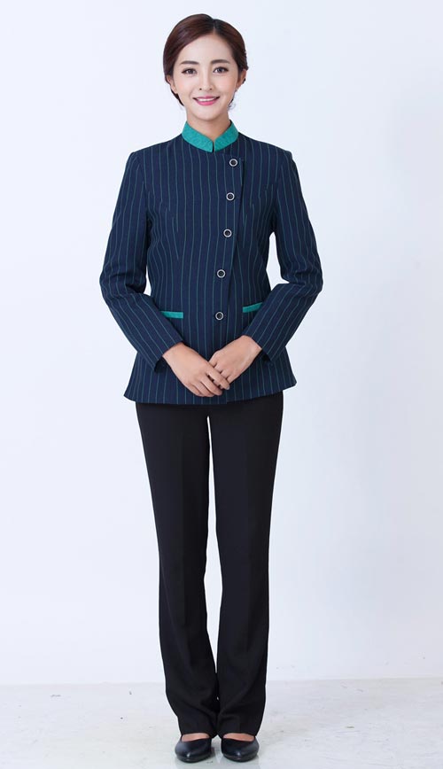 蓝色条纹女保洁员工作服长袖定做款式展示图