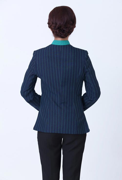 蓝色条纹女保洁员工作服长袖定做背后款式展示图