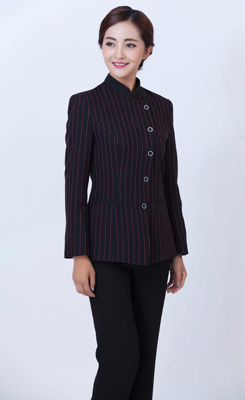 红色长袖条纹女保洁员工作服定做款式展示图二