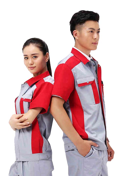 红色夏装短袖工程服款式图