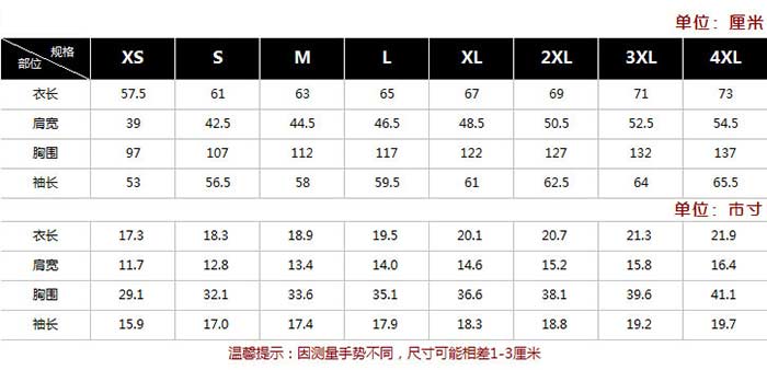 长袖劳保工作服订做之上衣尺寸表
