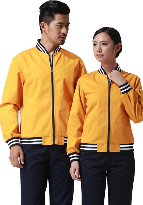 黄色罗纹棒球款长袖工作服定制