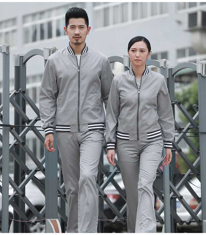 灰色棒球款春秋冬长袖工作服定做款式模特效果展示图