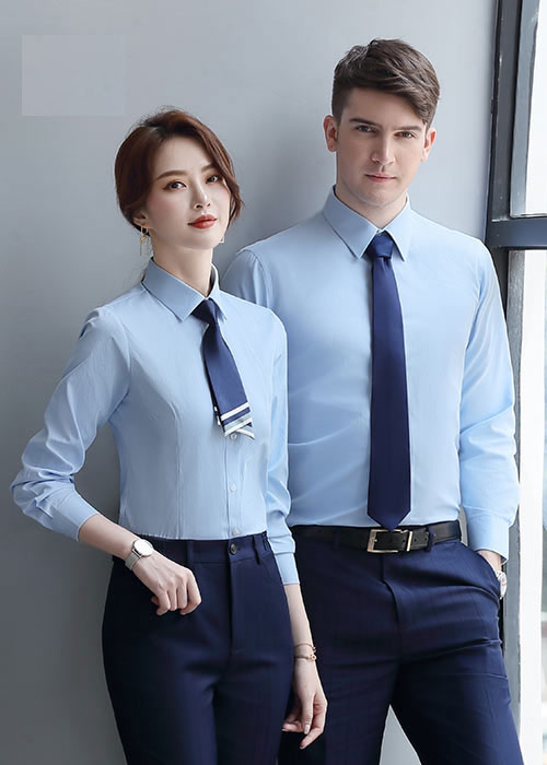 时尚蓝色男女款职业长袖衬衫定做