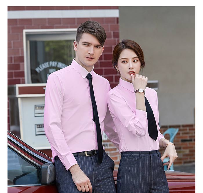 时尚粉色职长袖职业衬衫定制男女款式模特展示图