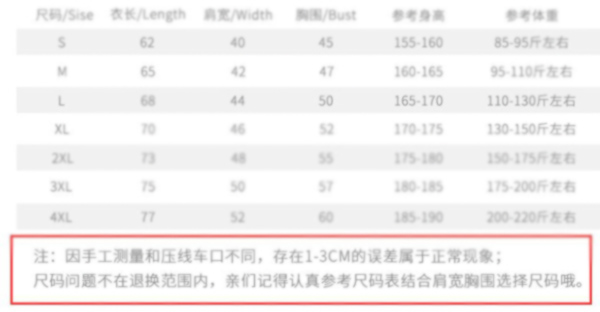 服装尺寸误差提示范例